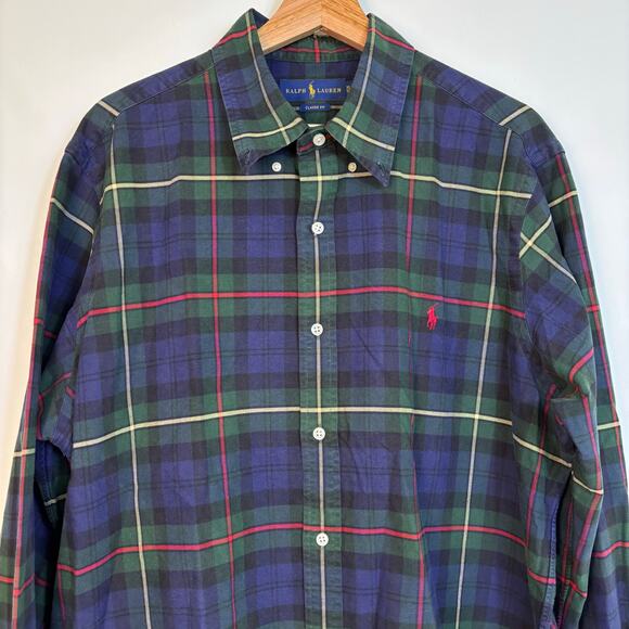 Ralph Lauren Classic Fit Plaid Oxford Mens Shirt Size XL Green Navy Multi Office - Picture 5 of 11